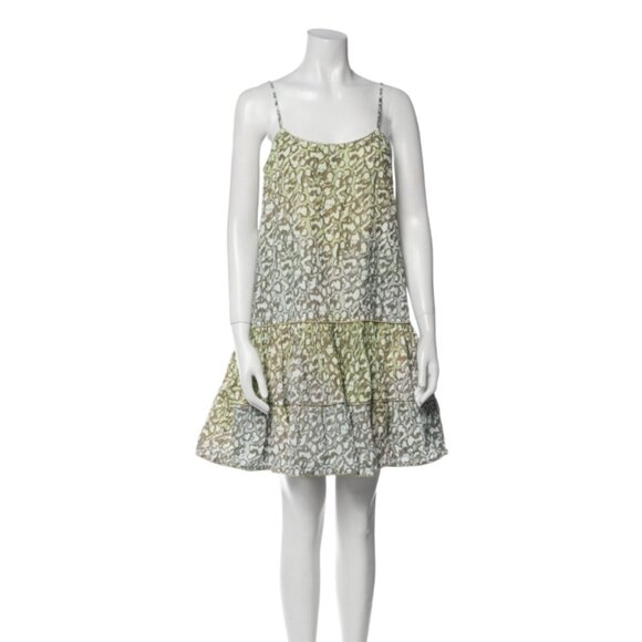 Juliet Dunn Mini Dress Womens 1 Small Green Blue Sleeveless Cotton Tiered Gold - Picture 11 of 11